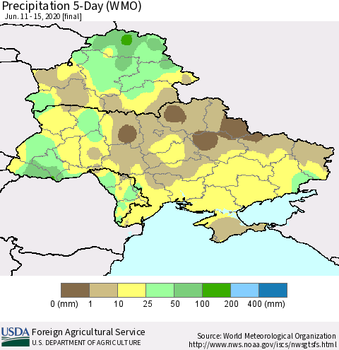 Ukraine, Moldova and Belarus Precipitation 5-Day (WMO) Thematic Map For 6/11/2020 - 6/15/2020