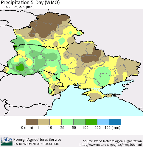 Ukraine, Moldova and Belarus Precipitation 5-Day (WMO) Thematic Map For 6/21/2020 - 6/25/2020