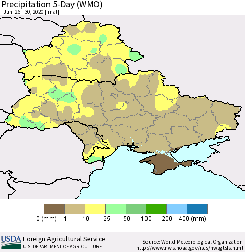 Ukraine, Moldova and Belarus Precipitation 5-Day (WMO) Thematic Map For 6/26/2020 - 6/30/2020