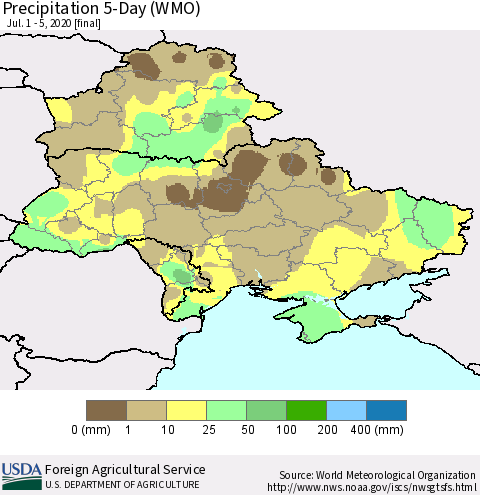 Ukraine, Moldova and Belarus Precipitation 5-Day (WMO) Thematic Map For 7/1/2020 - 7/5/2020