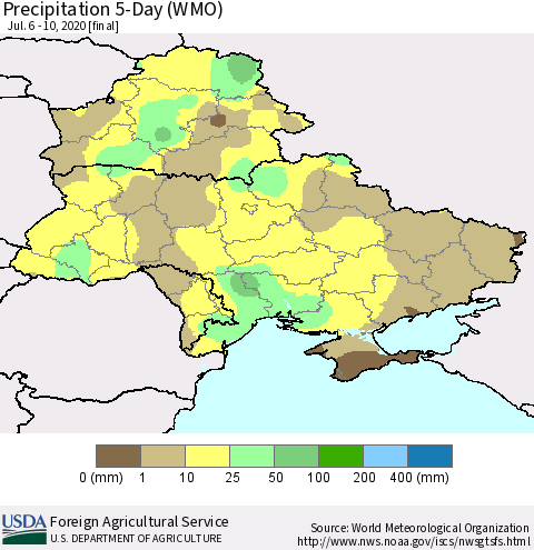 Ukraine, Moldova and Belarus Precipitation 5-Day (WMO) Thematic Map For 7/6/2020 - 7/10/2020