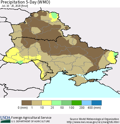 Ukraine, Moldova and Belarus Precipitation 5-Day (WMO) Thematic Map For 7/16/2020 - 7/20/2020