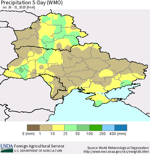 Ukraine, Moldova and Belarus Precipitation 5-Day (WMO) Thematic Map For 7/26/2020 - 7/31/2020