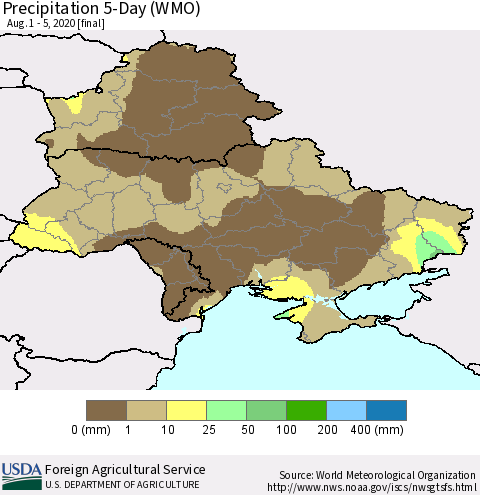 Ukraine, Moldova and Belarus Precipitation 5-Day (WMO) Thematic Map For 8/1/2020 - 8/5/2020