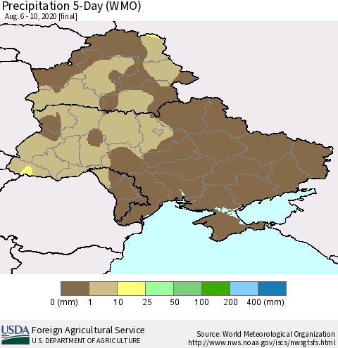 Ukraine, Moldova and Belarus Precipitation 5-Day (WMO) Thematic Map For 8/6/2020 - 8/10/2020