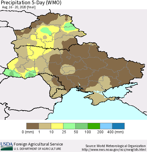 Ukraine, Moldova and Belarus Precipitation 5-Day (WMO) Thematic Map For 8/16/2020 - 8/20/2020