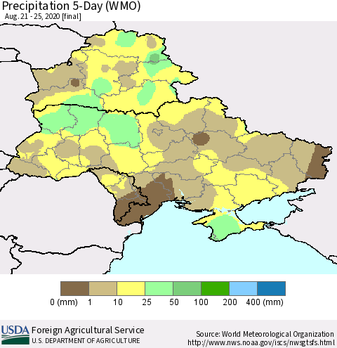 Ukraine, Moldova and Belarus Precipitation 5-Day (WMO) Thematic Map For 8/21/2020 - 8/25/2020