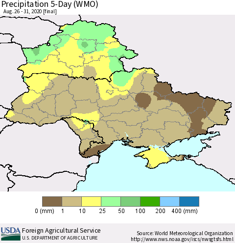 Ukraine, Moldova and Belarus Precipitation 5-Day (WMO) Thematic Map For 8/26/2020 - 8/31/2020