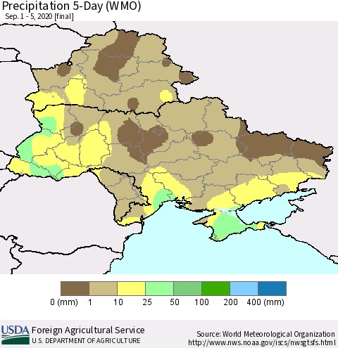Ukraine, Moldova and Belarus Precipitation 5-Day (WMO) Thematic Map For 9/1/2020 - 9/5/2020