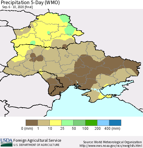 Ukraine, Moldova and Belarus Precipitation 5-Day (WMO) Thematic Map For 9/6/2020 - 9/10/2020