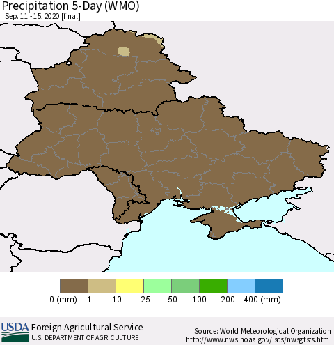 Ukraine, Moldova and Belarus Precipitation 5-Day (WMO) Thematic Map For 9/11/2020 - 9/15/2020