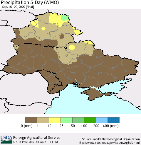 Ukraine, Moldova and Belarus Precipitation 5-Day (WMO) Thematic Map For 9/16/2020 - 9/20/2020