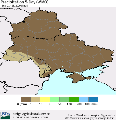 Ukraine, Moldova and Belarus Precipitation 5-Day (WMO) Thematic Map For 9/21/2020 - 9/25/2020