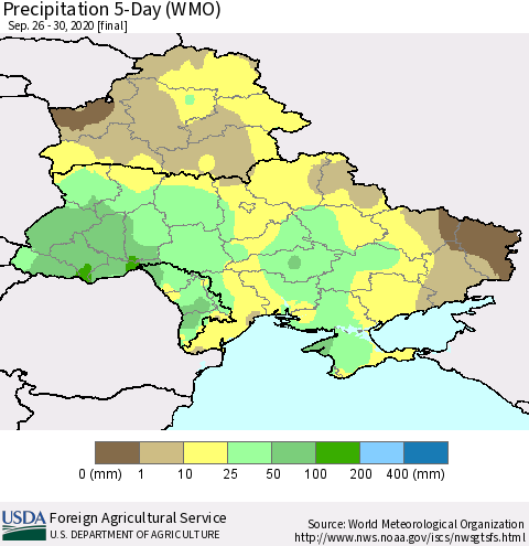 Ukraine, Moldova and Belarus Precipitation 5-Day (WMO) Thematic Map For 9/26/2020 - 9/30/2020