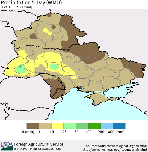 Ukraine, Moldova and Belarus Precipitation 5-Day (WMO) Thematic Map For 10/1/2020 - 10/5/2020