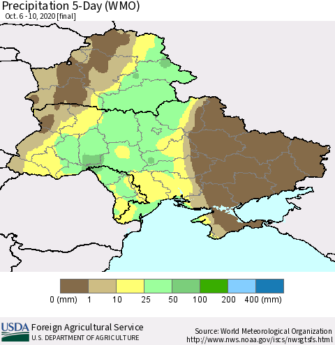 Ukraine, Moldova and Belarus Precipitation 5-Day (WMO) Thematic Map For 10/6/2020 - 10/10/2020