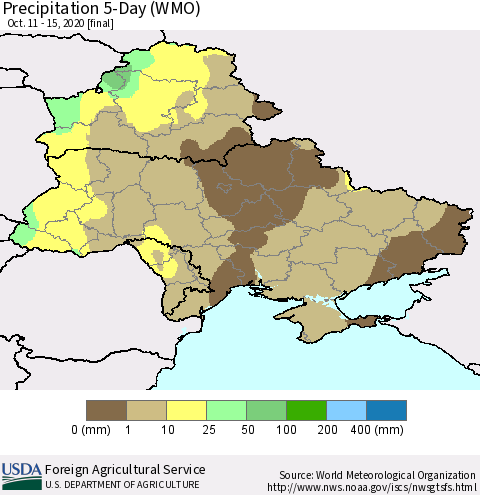 Ukraine, Moldova and Belarus Precipitation 5-Day (WMO) Thematic Map For 10/11/2020 - 10/15/2020