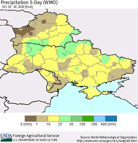 Ukraine, Moldova and Belarus Precipitation 5-Day (WMO) Thematic Map For 10/16/2020 - 10/20/2020