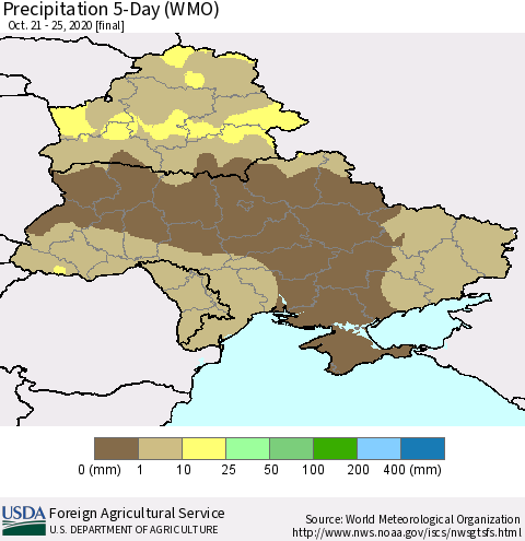 Ukraine, Moldova and Belarus Precipitation 5-Day (WMO) Thematic Map For 10/21/2020 - 10/25/2020