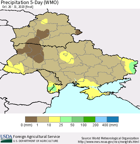 Ukraine, Moldova and Belarus Precipitation 5-Day (WMO) Thematic Map For 10/26/2020 - 10/31/2020