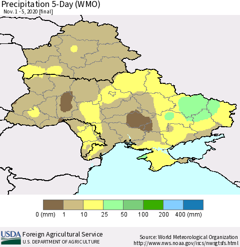 Ukraine, Moldova and Belarus Precipitation 5-Day (WMO) Thematic Map For 11/1/2020 - 11/5/2020