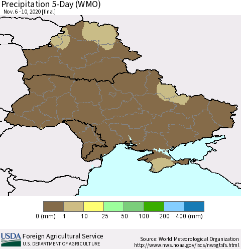 Ukraine, Moldova and Belarus Precipitation 5-Day (WMO) Thematic Map For 11/6/2020 - 11/10/2020