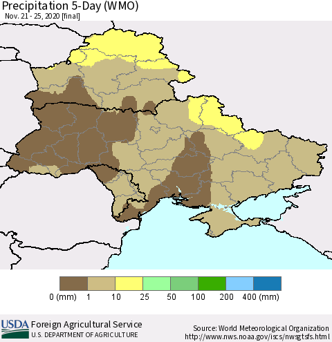 Ukraine, Moldova and Belarus Precipitation 5-Day (WMO) Thematic Map For 11/21/2020 - 11/25/2020