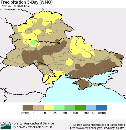 Ukraine, Moldova and Belarus Precipitation 5-Day (WMO) Thematic Map For 11/26/2020 - 11/30/2020
