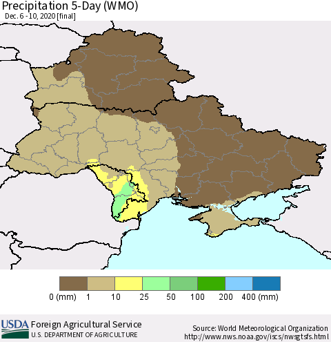 Ukraine, Moldova and Belarus Precipitation 5-Day (WMO) Thematic Map For 12/6/2020 - 12/10/2020