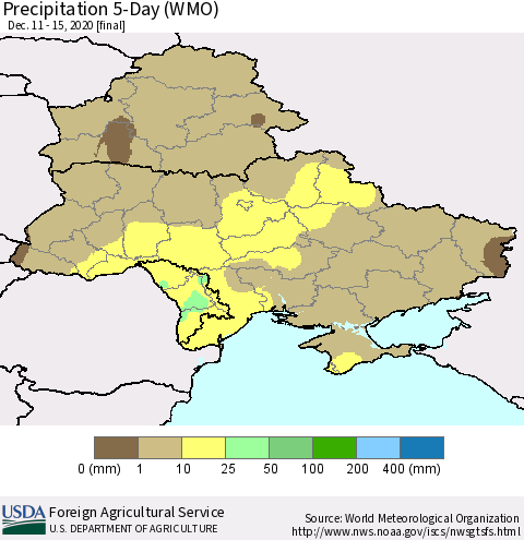 Ukraine, Moldova and Belarus Precipitation 5-Day (WMO) Thematic Map For 12/11/2020 - 12/15/2020