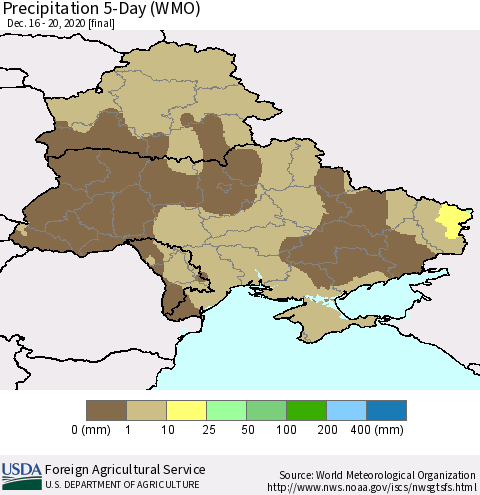 Ukraine, Moldova and Belarus Precipitation 5-Day (WMO) Thematic Map For 12/16/2020 - 12/20/2020
