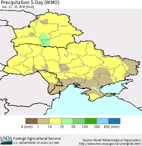 Ukraine, Moldova and Belarus Precipitation 5-Day (WMO) Thematic Map For 12/21/2020 - 12/25/2020