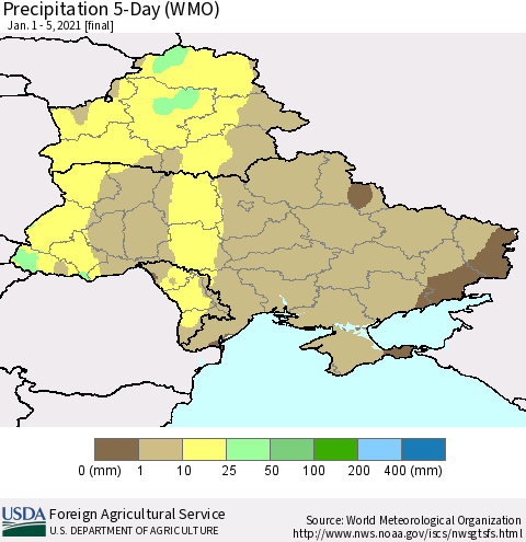 Ukraine, Moldova and Belarus Precipitation 5-Day (WMO) Thematic Map For 1/1/2021 - 1/5/2021