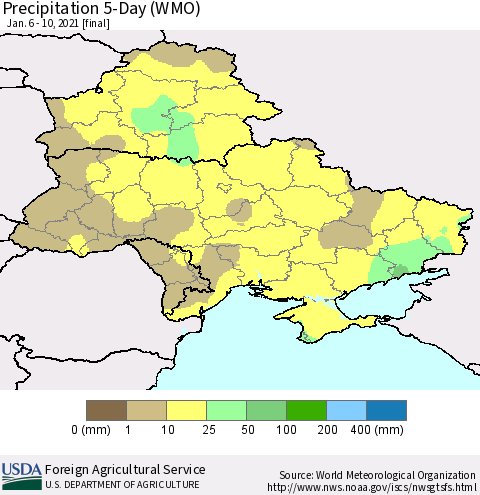 Ukraine, Moldova and Belarus Precipitation 5-Day (WMO) Thematic Map For 1/6/2021 - 1/10/2021