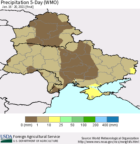 Ukraine, Moldova and Belarus Precipitation 5-Day (WMO) Thematic Map For 1/16/2021 - 1/20/2021