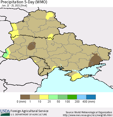 Ukraine, Moldova and Belarus Precipitation 5-Day (WMO) Thematic Map For 1/21/2021 - 1/25/2021