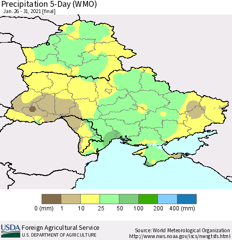 Ukraine, Moldova and Belarus Precipitation 5-Day (WMO) Thematic Map For 1/26/2021 - 1/31/2021