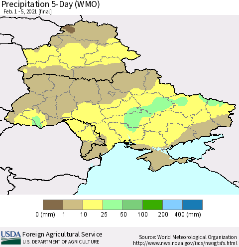 Ukraine, Moldova and Belarus Precipitation 5-Day (WMO) Thematic Map For 2/1/2021 - 2/5/2021