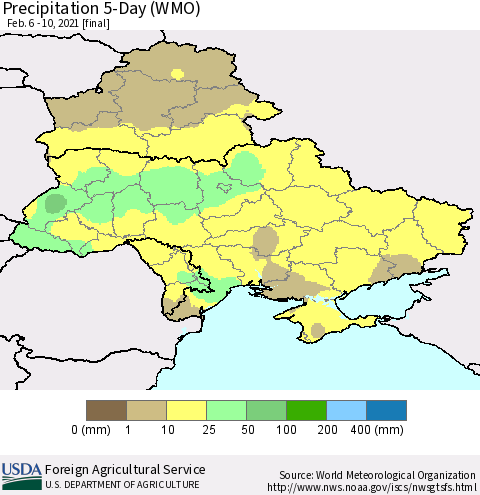 Ukraine, Moldova and Belarus Precipitation 5-Day (WMO) Thematic Map For 2/6/2021 - 2/10/2021