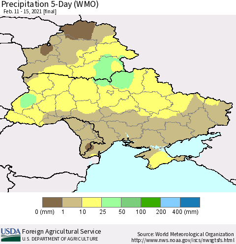 Ukraine, Moldova and Belarus Precipitation 5-Day (WMO) Thematic Map For 2/11/2021 - 2/15/2021