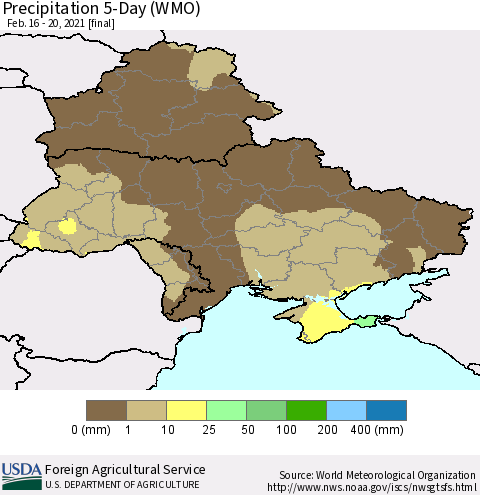 Ukraine, Moldova and Belarus Precipitation 5-Day (WMO) Thematic Map For 2/16/2021 - 2/20/2021