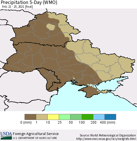 Ukraine, Moldova and Belarus Precipitation 5-Day (WMO) Thematic Map For 2/21/2021 - 2/25/2021