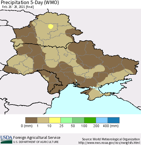 Ukraine, Moldova and Belarus Precipitation 5-Day (WMO) Thematic Map For 2/26/2021 - 2/28/2021