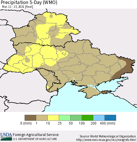 Ukraine, Moldova and Belarus Precipitation 5-Day (WMO) Thematic Map For 3/11/2021 - 3/15/2021
