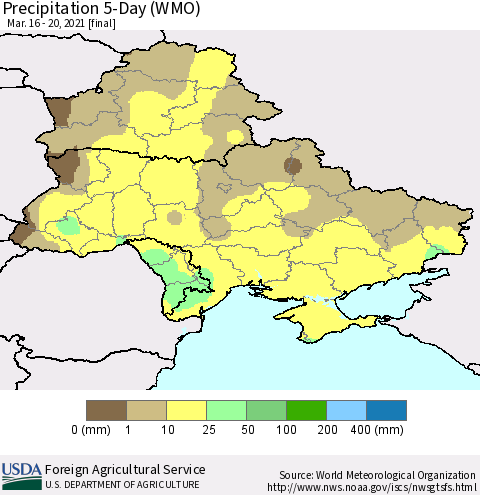 Ukraine, Moldova and Belarus Precipitation 5-Day (WMO) Thematic Map For 3/16/2021 - 3/20/2021