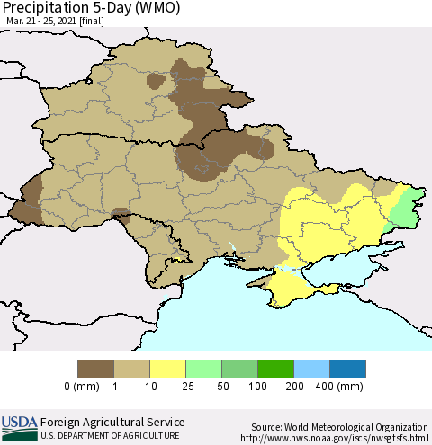 Ukraine, Moldova and Belarus Precipitation 5-Day (WMO) Thematic Map For 3/21/2021 - 3/25/2021