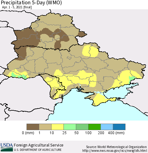 Ukraine, Moldova and Belarus Precipitation 5-Day (WMO) Thematic Map For 4/1/2021 - 4/5/2021