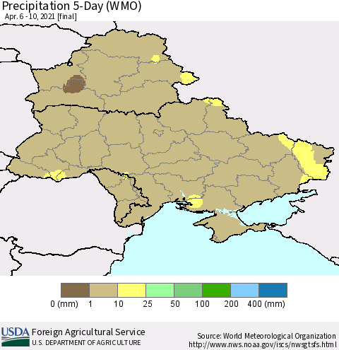 Ukraine, Moldova and Belarus Precipitation 5-Day (WMO) Thematic Map For 4/6/2021 - 4/10/2021