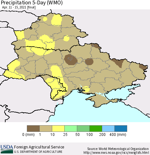 Ukraine, Moldova and Belarus Precipitation 5-Day (WMO) Thematic Map For 4/11/2021 - 4/15/2021