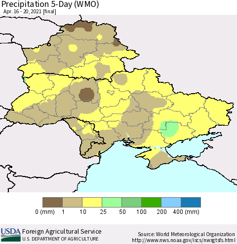 Ukraine, Moldova and Belarus Precipitation 5-Day (WMO) Thematic Map For 4/16/2021 - 4/20/2021